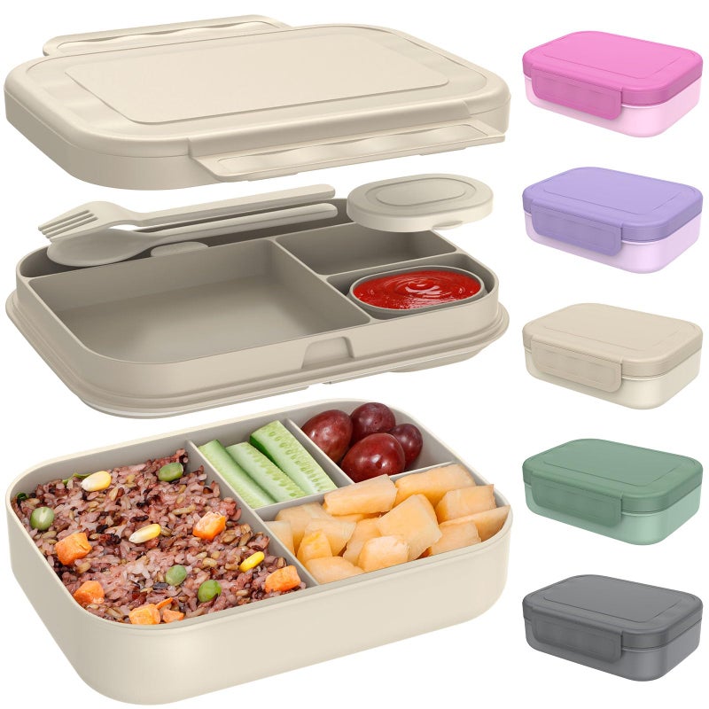 Caperci Stackable Bento Lunch Box for Adult & Teens - Reinforced Leak-Proof Lunch Container 4-Compartment with Utensils & Sauce Container, BPA-Free, Dishwasher/Microwave Safe, 47oz (Pale Mocha) - Image 1