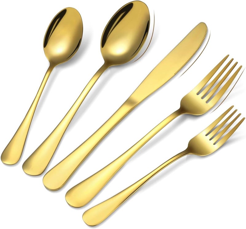 MOBDESK Stainless Steel Gold Cutlery Flatware Serving Premium Tableware Fork DinnerTea Dessert Spoon Gold Silverware FoodGrade Mirror Polished Dinner ForksSpoonsKnivesDishwasher Safe 5 Pcs - Image 1