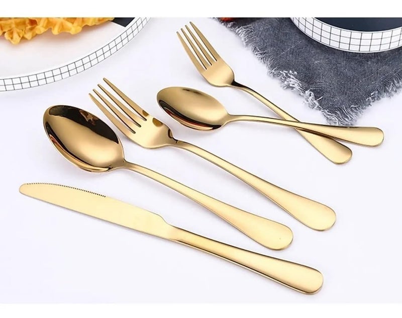 MOBDESK Stainless Steel Gold Cutlery Flatware Serving Premium Tableware Fork DinnerTea Dessert Spoon Gold Silverware FoodGrade Mirror Polished Dinner ForksSpoonsKnivesDishwasher Safe 5 Pcs - Image 2