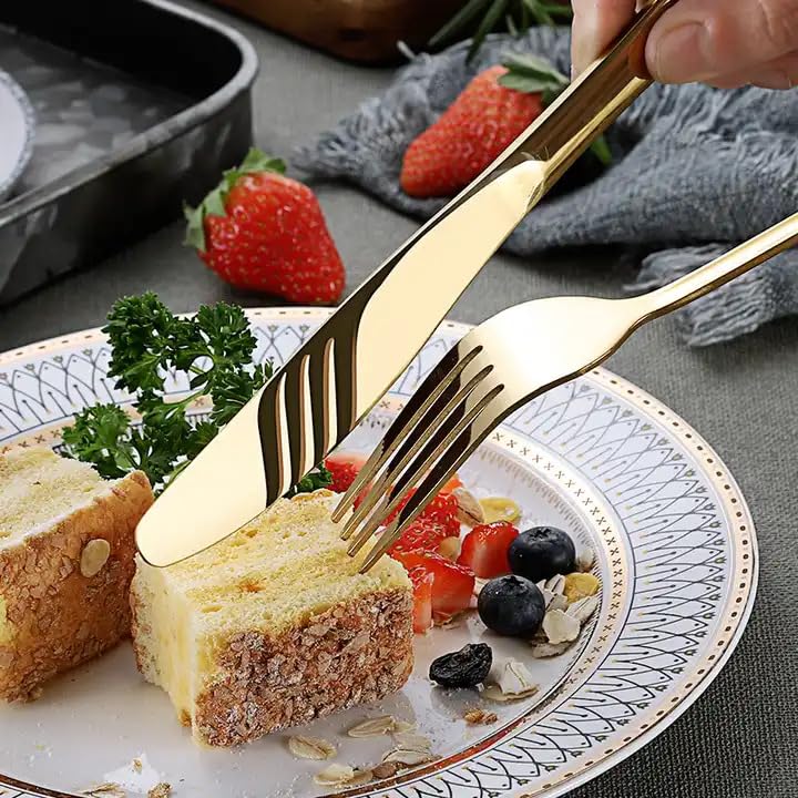 MOBDESK Stainless Steel Gold Cutlery Flatware Serving Premium Tableware Fork DinnerTea Dessert Spoon Gold Silverware FoodGrade Mirror Polished Dinner ForksSpoonsKnivesDishwasher Safe 5 Pcs - Image 3