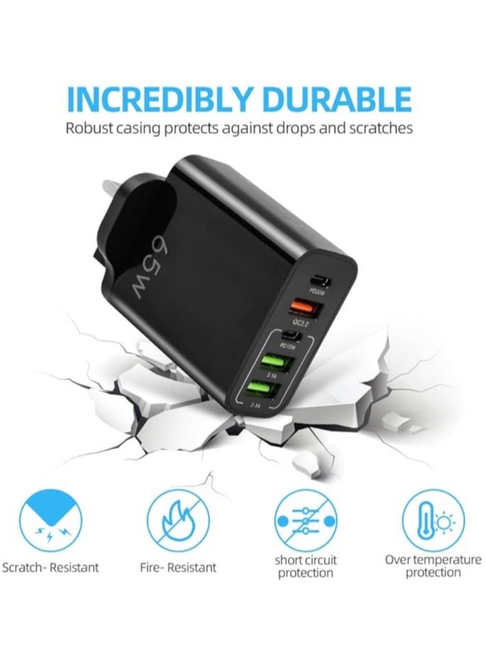 5-Port 65W USB Fast Charger Plug PD Power Adapter, Multi USB Plug UK Type C Charging Plug Compatible for iPhone 15/14 Pro Max and AirPods, iPad,Samsung S24/23 Ultra-Black