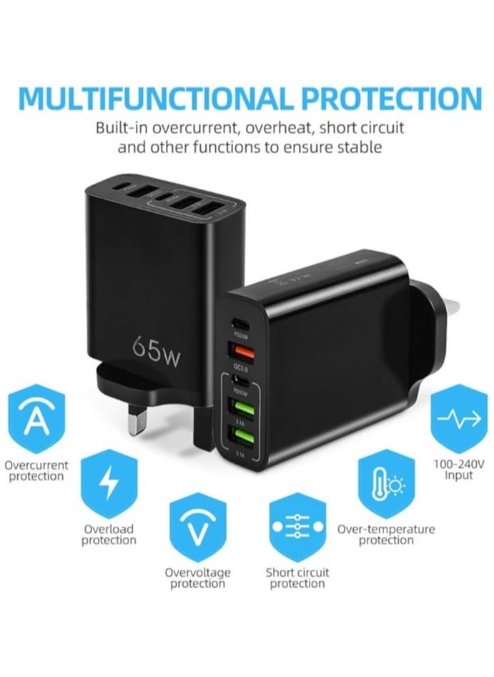 5-Port 65W USB Fast Charger Plug PD Power Adapter, Multi USB Plug UK Type C Charging Plug Compatible for iPhone 15/14 Pro Max and AirPods, iPad,Samsung S24/23 Ultra-Black