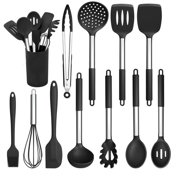 KITCHEN UTENSILS SET 12 PIECES SILICONE COOKING UTENSILS WITH STAINLESS STEEL HANDLE HEAT RESISTANT COOKING TOOLS TURNER SPOON SPATULA SET WITH HOLDER EASY TO CLEAN BLACK