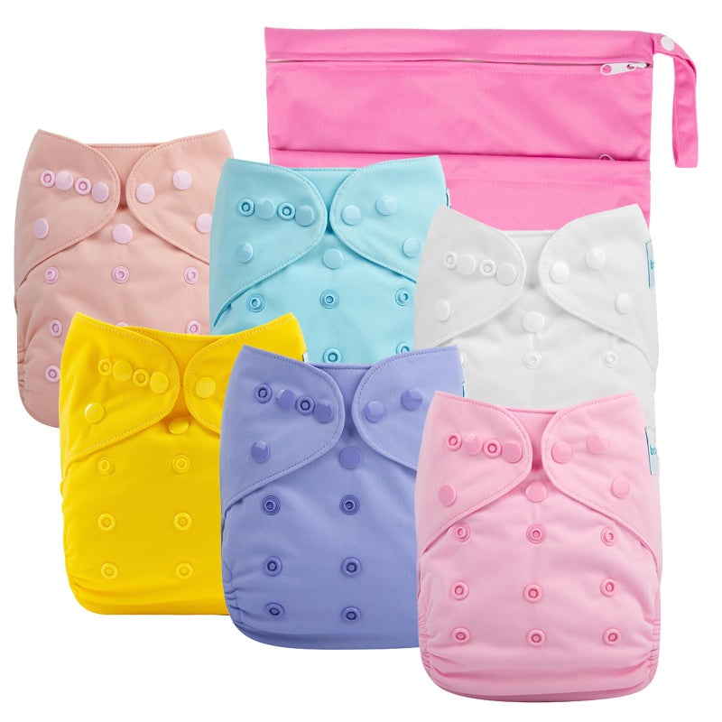 babygoal Cloth Diaper Covers 6 Pack with Wet Bag for Fitted Diapers and Prefolds with Double Gussets, Adjustable and Reusable for Baby Girls 6DCF07 - Image 1