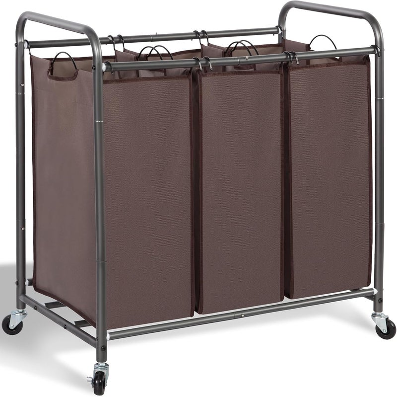 STORAGE MANIAC 3 Section Laundry Sorter Cart with Heavy Duty Rolling Lockable Wheels and Removable Bags, Brown - Image 1