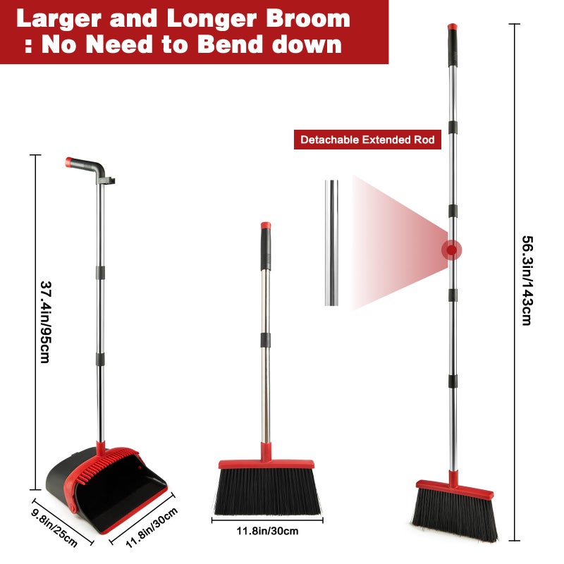 XXFLOWER Broom and Dustpan Set,Dustpans with Broom Combo for Home,Heavy Dust Broom and Dustpan Combo,Long Handle Dust Pan and Broom Set for Kitchen Office,Pet Hair(Brown Orange) - Image 2