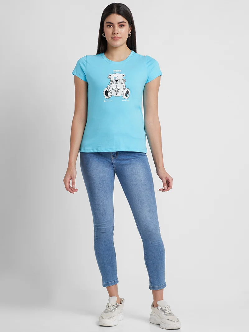 جلو باص تيشيرت قطن خالص بأكمام قصيرة وطبعة جرافيك نسائي