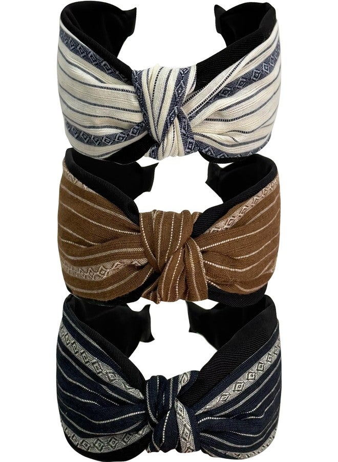 Jseng 3PC Boho Braid Headband Cloth Cross Knot Elastic Hair Hoop Striped Linen Wide Hairband for Women