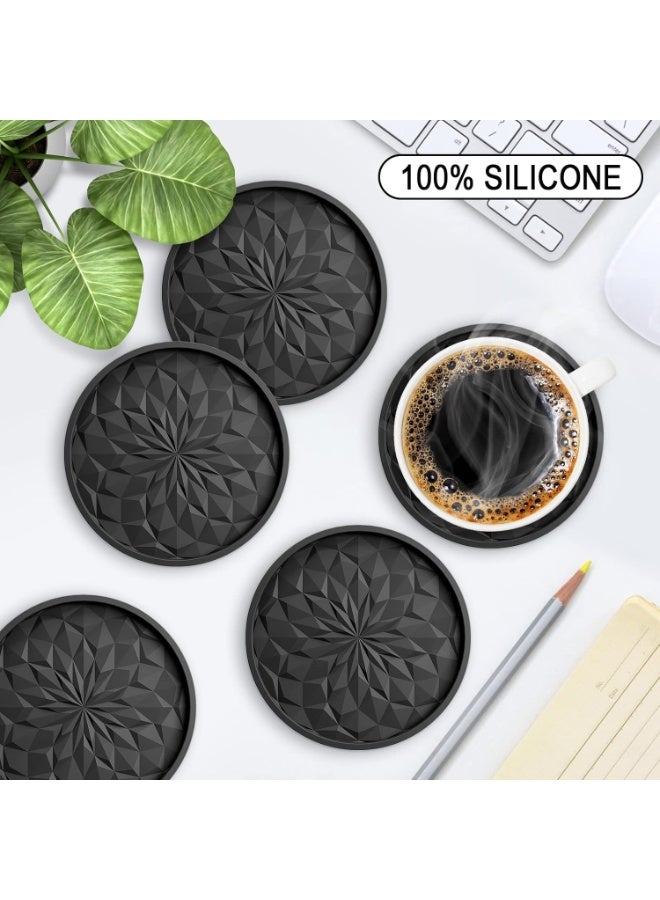 Silicone Coasters with Holder,[6 Pack] Drinking Coasters - Cup Mat for Hot or Cold Drinks, Thickened, Non-Slip, Non-Stick,Deep Tray Black - Image 2