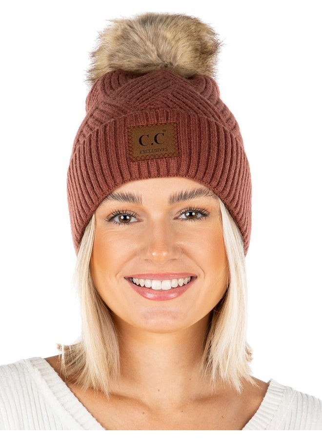 Funky Junque - Warm Knit Faux Fur Pom Hat Diagonal Stripes Brick - Image 1