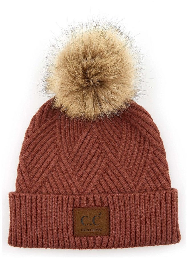 Funky Junque - Warm Knit Faux Fur Pom Hat Diagonal Stripes Brick - Image 1