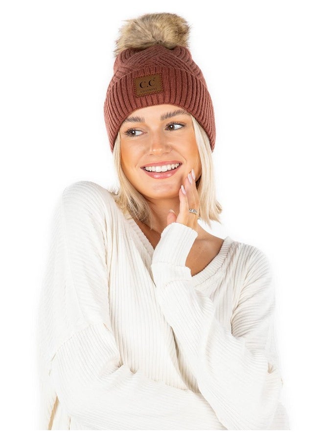 Funky Junque - Warm Knit Faux Fur Pom Hat Diagonal Stripes Brick - Image 1