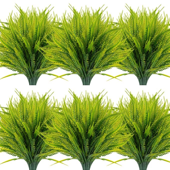 12 BUNDLES ARTIFICIAL PLANTS OUTDOOR FAKE BOSTON FERN GREENERY WITH FLOWERS FAUX UV RESISTANT SHRUBS GARDEN PATIO PORCH WINDOW BOX FARMHOUSE HANGING DECORGREEN