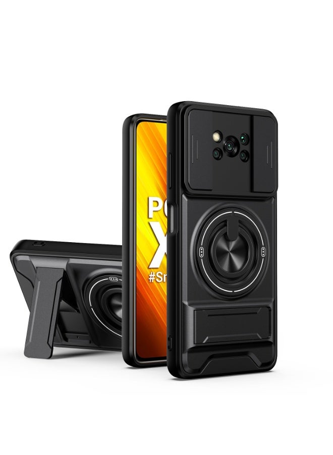 جراب حمايه مقاوم للصدمات مزود بستاند وحلقه دائريه وحمايه للكاميرا متوافق مع  Poco X3 Pro / Poco X3 NFC (اسود) - Image 1