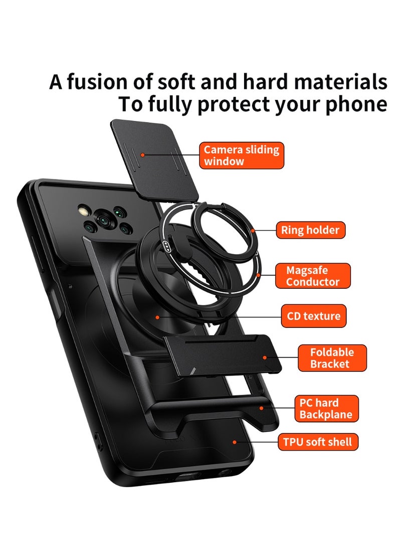جراب حمايه مقاوم للصدمات مزود بستاند وحلقه دائريه وحمايه للكاميرا متوافق مع  Poco X3 Pro / Poco X3 NFC (اسود) - Image 5