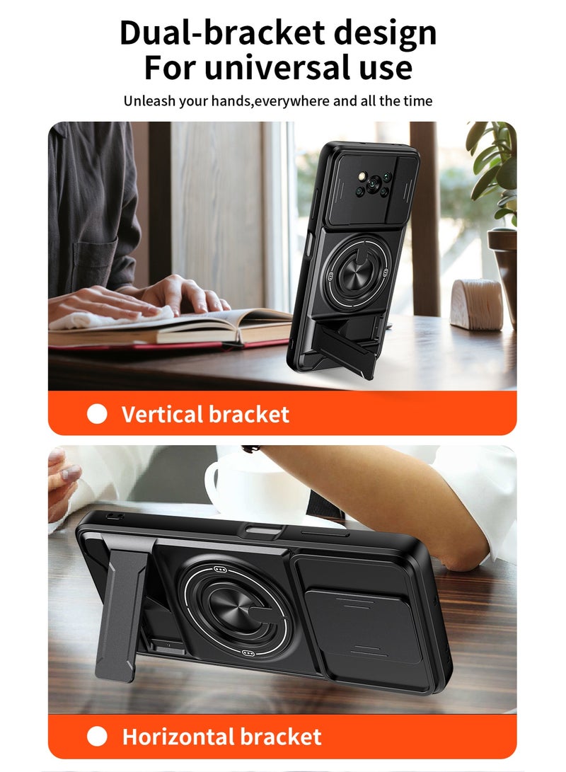جراب حمايه مقاوم للصدمات مزود بستاند وحلقه دائريه وحمايه للكاميرا متوافق مع  Poco X3 Pro / Poco X3 NFC (اسود) - Image 3