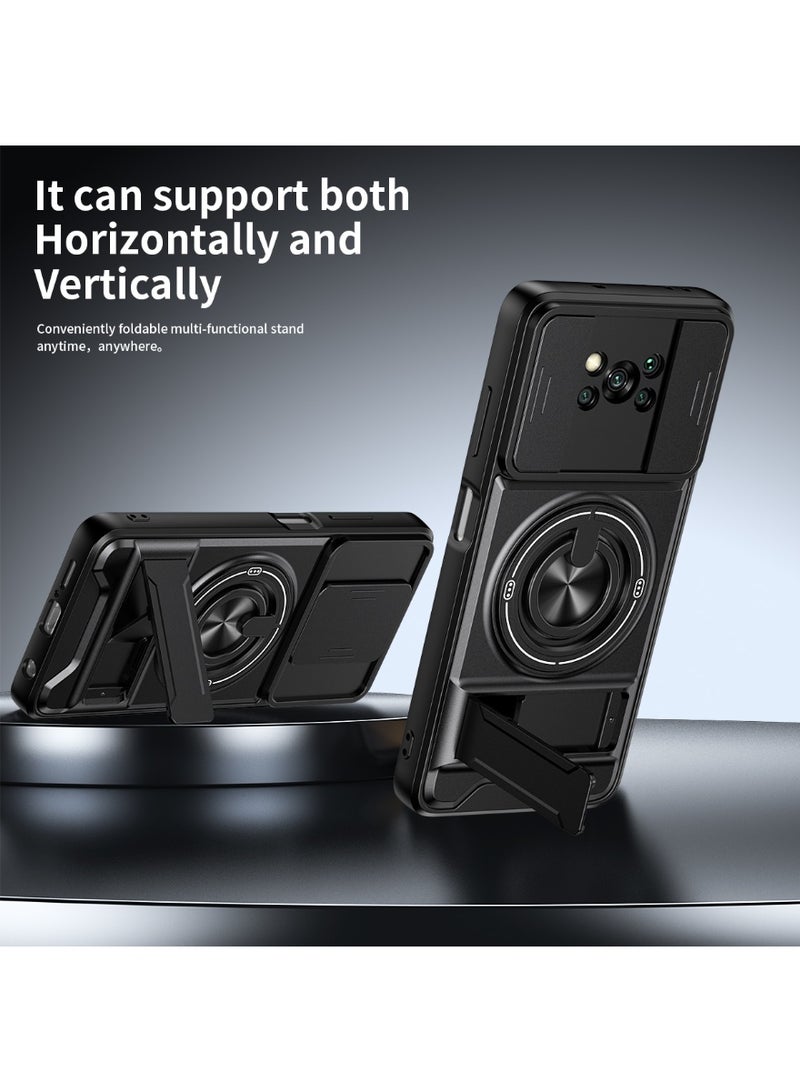 جراب حمايه مقاوم للصدمات مزود بستاند وحلقه دائريه وحمايه للكاميرا متوافق مع  Poco X3 Pro / Poco X3 NFC (اسود) - Image 2
