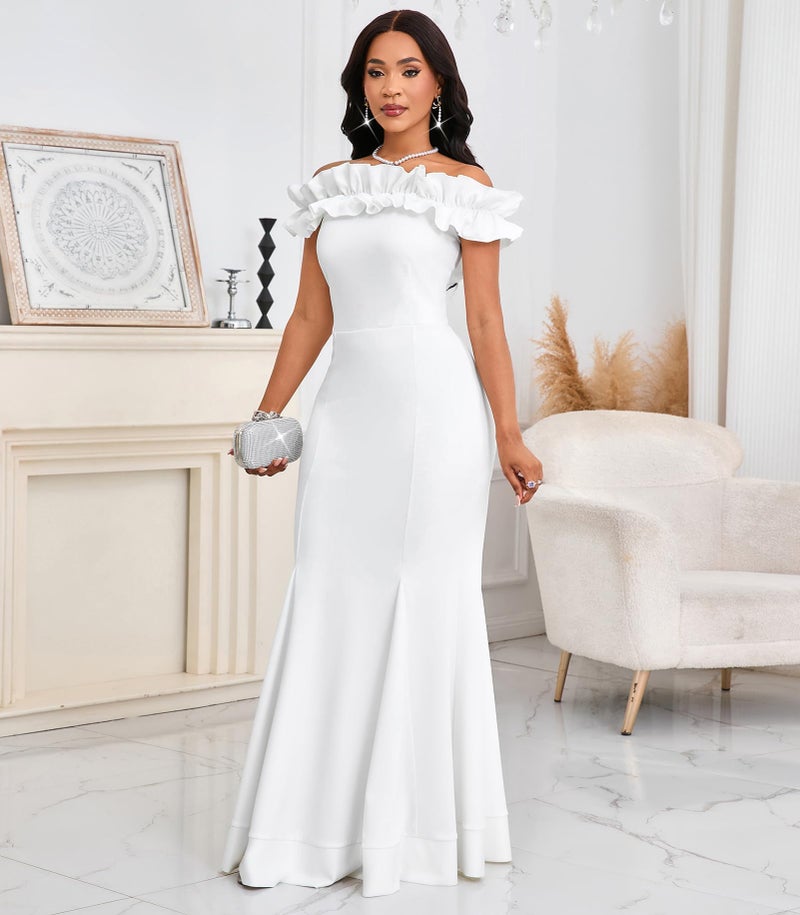 Cololura Sexy Floor-Length Off Shoulder Ruffles Stringy Selvedge Mermaid Bodycon Party Evening Maxi Dress White - Image 3
