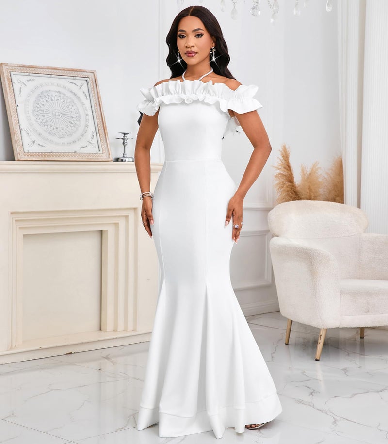 Cololura Sexy Floor-Length Off Shoulder Ruffles Stringy Selvedge Mermaid Bodycon Party Evening Maxi Dress White - Image 5