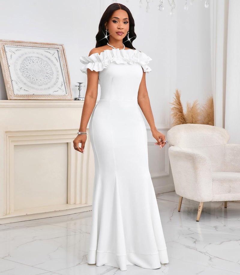 Cololura Sexy Floor-Length Off Shoulder Ruffles Stringy Selvedge Mermaid Bodycon Party Evening Maxi Dress White - Image 4