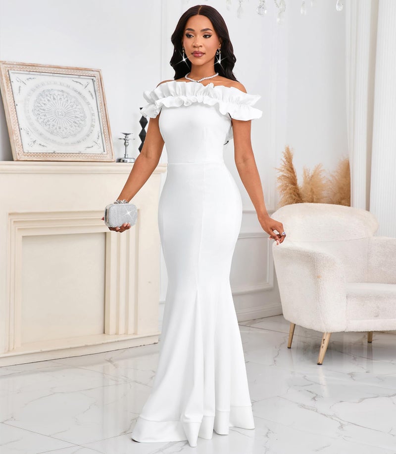Cololura Sexy Floor-Length Off Shoulder Ruffles Stringy Selvedge Mermaid Bodycon Party Evening Maxi Dress White - Image 2