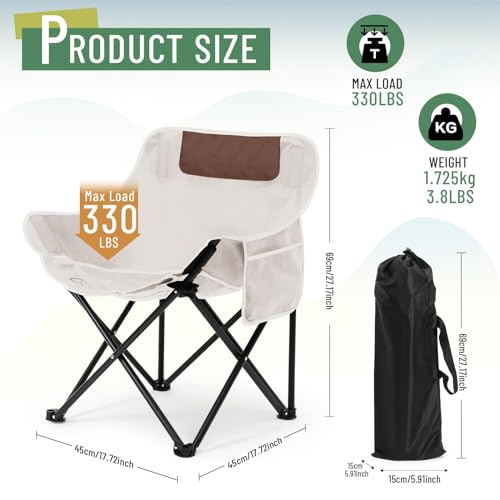 Seeloowy 2 Pack Compact Camping Chair Portable Folding Chairs for Outside with Carry Bag Lightweight Moon Chairs for Travel Picnic Hiking Beach Fishing, 600D Oxford, Supports 330lbs (White, Black) - Image 2