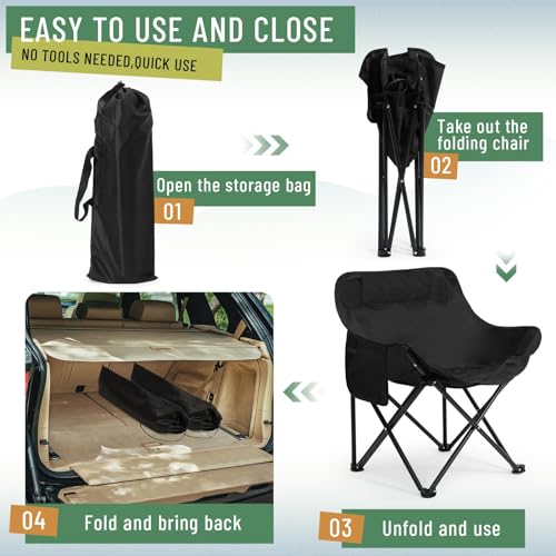 Seeloowy 2 Pack Compact Camping Chair Portable Folding Chairs for Outside with Carry Bag Lightweight Moon Chairs for Travel Picnic Hiking Beach Fishing, 600D Oxford, Supports 330lbs (White, Black) - Image 5