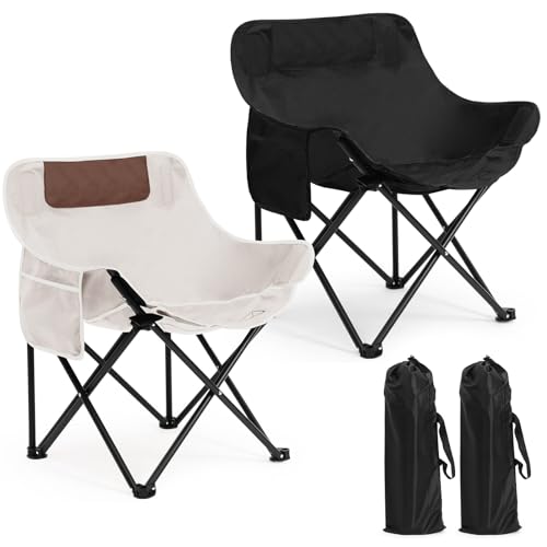 Seeloowy 2 Pack Compact Camping Chair Portable Folding Chairs for Outside with Carry Bag Lightweight Moon Chairs for Travel Picnic Hiking Beach Fishing, 600D Oxford, Supports 330lbs (White, Black) - Image 1