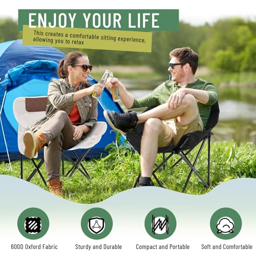 Seeloowy 2 Pack Compact Camping Chair Portable Folding Chairs for Outside with Carry Bag Lightweight Moon Chairs for Travel Picnic Hiking Beach Fishing, 600D Oxford, Supports 330lbs (White, Black) - Image 4