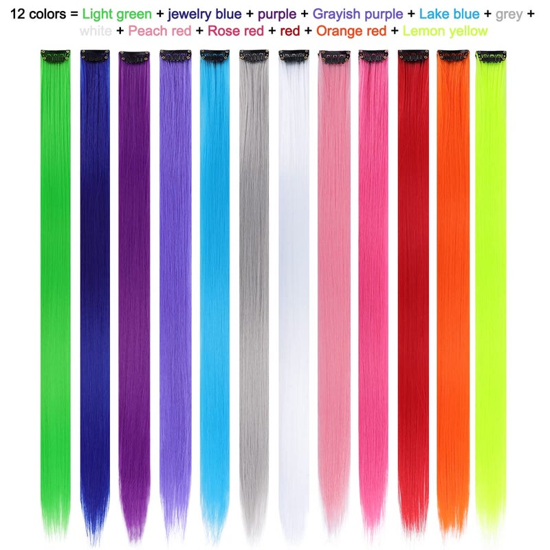 YISIKUNNUO 12 Pack Colored Hair Extensions Rainbow Hairpieces Party Highlights 22 Inches Colorful Clip in Hair Extensions Straight Synthetic Hairpieces for Women Kids Girls, (12 Colored) - Image 2