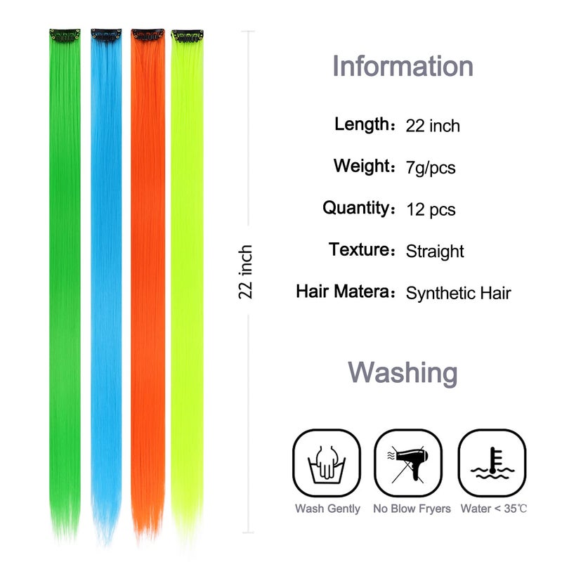 YISIKUNNUO 12 Pack Colored Hair Extensions Rainbow Hairpieces Party Highlights 22 Inches Colorful Clip in Hair Extensions Straight Synthetic Hairpieces for Women Kids Girls, (12 Colored) - Image 3