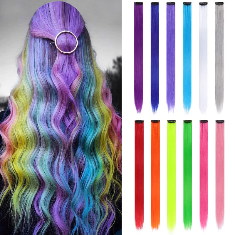YISIKUNNUO 12 Pack Colored Hair Extensions Rainbow Hairpieces Party Highlights 22 Inches Colorful Clip in Hair Extensions Straight Synthetic Hairpieces for Women Kids Girls, (12 Colored) - Image 1