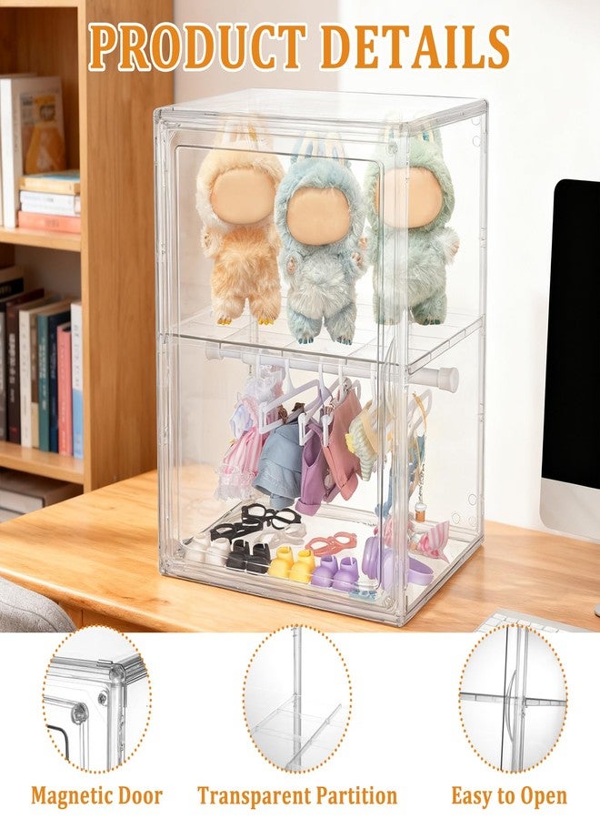 Wenceda Acrylic Clear Doll Display Case Compatible with Labubu with Hangers & Rod, 2 Tier Organizer Cabinet for 7 Inch Dolls & Clothes, Includes 20 Hangers & 2 Rods (14.2*10.6*8.7 inch) - Image 4