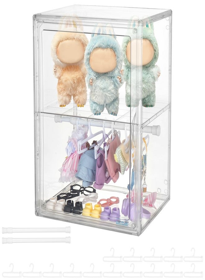 Wenceda Acrylic Clear Doll Display Case Compatible with Labubu with Hangers & Rod, 2 Tier Organizer Cabinet for 7 Inch Dolls & Clothes, Includes 20 Hangers & 2 Rods (14.2*10.6*8.7 inch) - Image 1