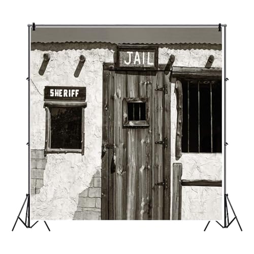 AOFOTO 6x6ft Gloomy Sheriff Window Jail Backdrop for Photography Old West Town Jail Wooden Door Drak Sheriff's Office Background Western Themed Halloween Party Photo Studio Props Vinyl - Image 2