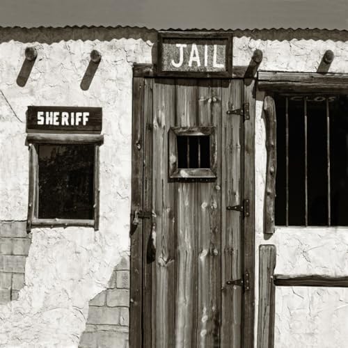 AOFOTO 6x6ft Gloomy Sheriff Window Jail Backdrop for Photography Old West Town Jail Wooden Door Drak Sheriff's Office Background Western Themed Halloween Party Photo Studio Props Vinyl - Image 1