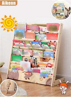 Aikenn Kids Book Rack,6 Tier Kids Book Rack,Wooden Bookshelf For Kids,Canvas Book Storage Shelf,Baby Floor-Standing Bookshelf,For Bedroom Living Room Playroom Storage Organizer Natural  - Image 1