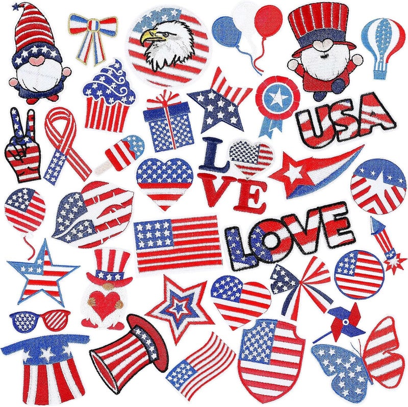 Augsun 36pcs Independence Day Iron on Patches 4th of July Patriotic Embroidered Sew Applique Repair Patch American Flag DIY Crafts for Clothing Jacket Jeans Pants Dress Backpack Hat Decorations Gift - Image 1