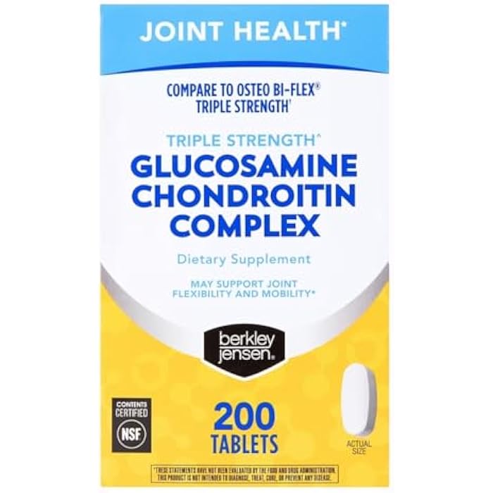berkley jensen Triple Strength Glucosamine Chondroitin MSM Boswellia Complex 2703 mg, Joint Support Supplement for Women & Men, NSF Certified, 200 Tablets (Pack of 1) - Image 1