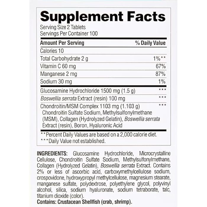 berkley jensen Triple Strength Glucosamine Chondroitin MSM Boswellia Complex 2703 mg, Joint Support Supplement for Women & Men, NSF Certified, 200 Tablets (Pack of 1) - Image 3