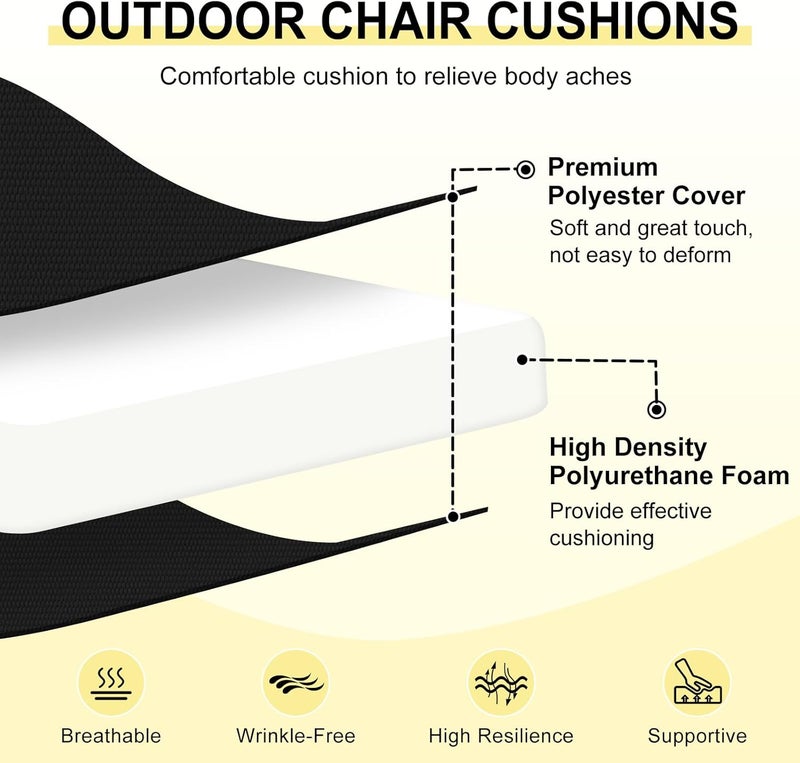 downluxe Outdoor Chair Cushions Set of 4 for Patio Furniture, Water-Resistant Square Corner Patio Chair Cushions with Ties, High Density Foam Outdoor Seat Cushion, 18.5" X 16" X 3", Black - Image 2