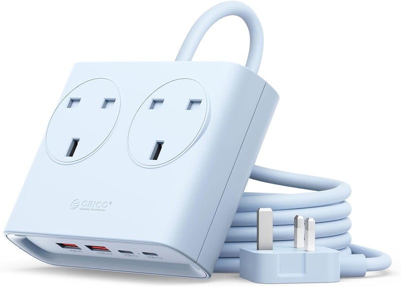 Orico PD 20W Extension Lead with USB Slots, 2 Way Extension Socket with 2 USB C and 2 USB A, 1.6m Extension Cable, 13A 3250W Desk Power Strip for Bedroom Office Accessories-Blue - Image 1