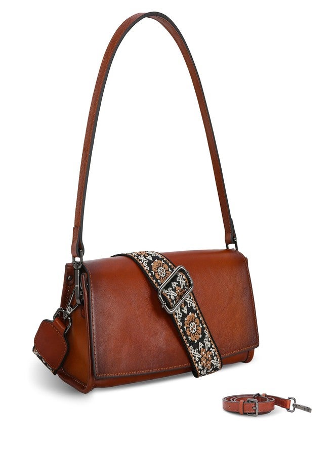 Iswee Leather Crossbody Bags for Women Shoulder Handbags Small Satchel Purse with Guitar Strap Leather Pocketbooks for Women Purses and Handbags(Brown) - Image 1