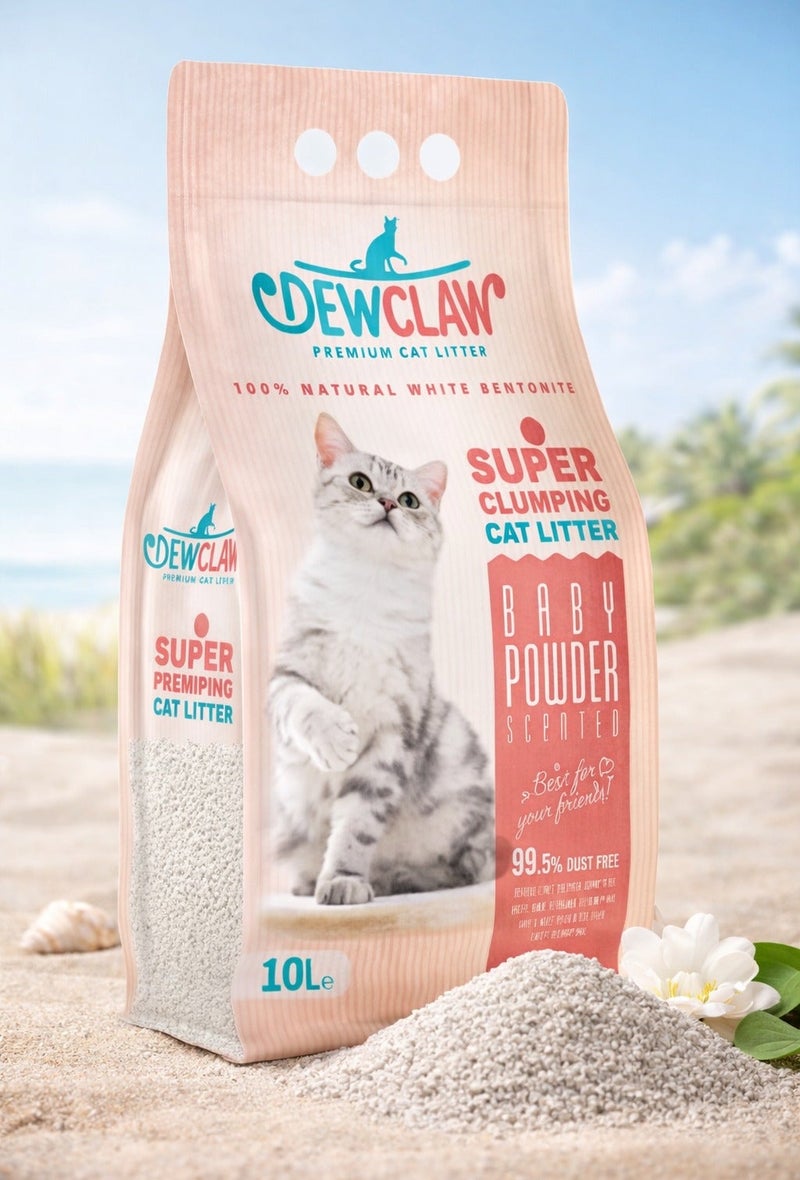 ديو كلو رمل قطط متكتل فائق 10 لتر – برائحة بودرة الأطفال – بنتونيت أبيض طبيعي 100% – خالٍ من الغبار بنسبة 99.5% مع تحكّم قوي بالروائح - Image 1