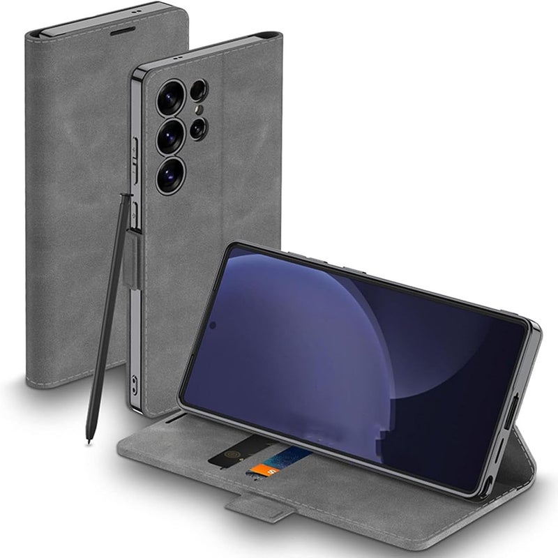 Case for Samsung Galaxy S25 Ultra,All-Inclusive Protection Wireless Charging Flip PU Leather Wallet Protective Cover with Card Holder Kickstand Magnetic Case (Grey) - Image 1