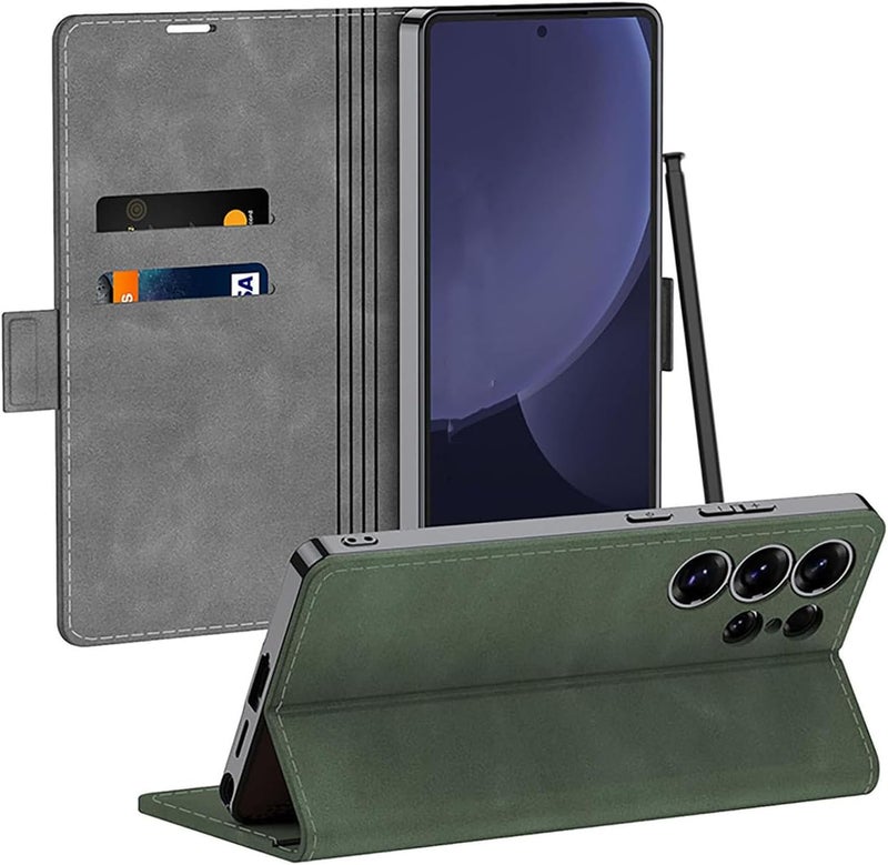 Case for Samsung Galaxy S25 Ultra,All-Inclusive Protection Wireless Charging Flip PU Leather Wallet Protective Cover with Card Holder Kickstand Magnetic Case (Grey) - Image 4