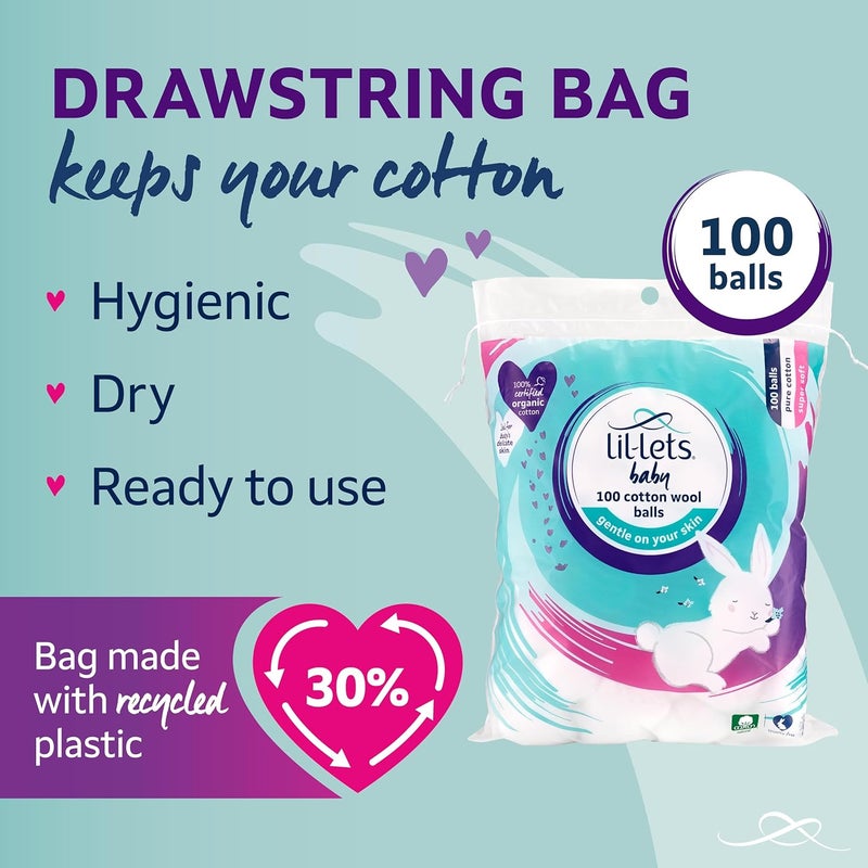 Lil-Lets كرات قطنية للأطفال من ليل-ليتس - 100 قطعة، عضوية معتمدة، فائقة النعومة ولطيفة على حديثي الولادة - Image 5