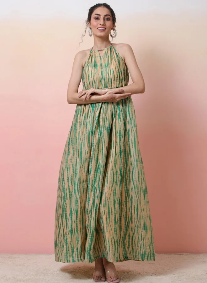 AKS Beige & Green Tie and Dye Maxi Dress for Women