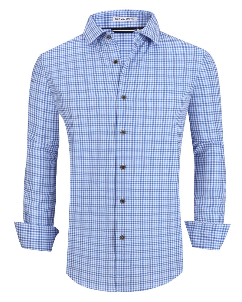 Alex Vando Mens Button Down Shirts Wrinkle Free 4-Way Stretch Print Business Casual Shirt,Blue Plaid,L - Image 1