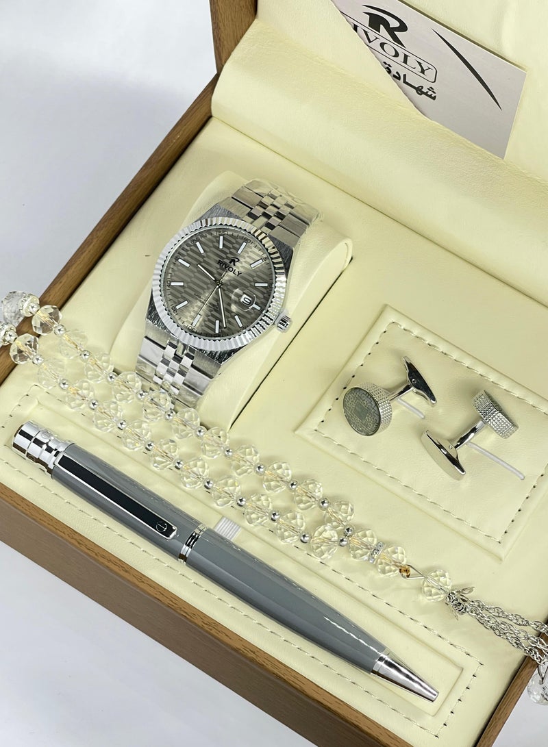 RR Men's stainless steel set consisting of a watch, a rosary, a pen and cufflinks